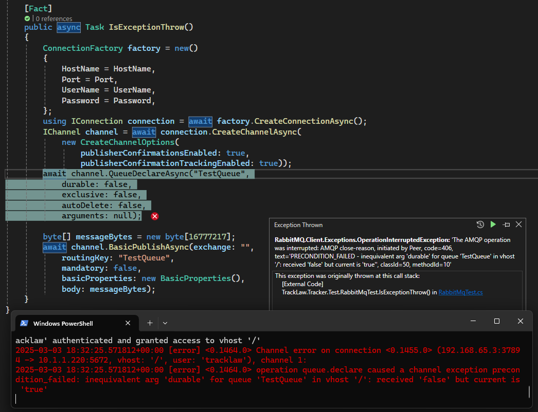 RabbitMQ exceptions are thrown with publisher confirmations